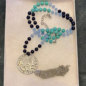 NWOT Elegant Silver Colored Pendant Necklace with Blue and Green Beads